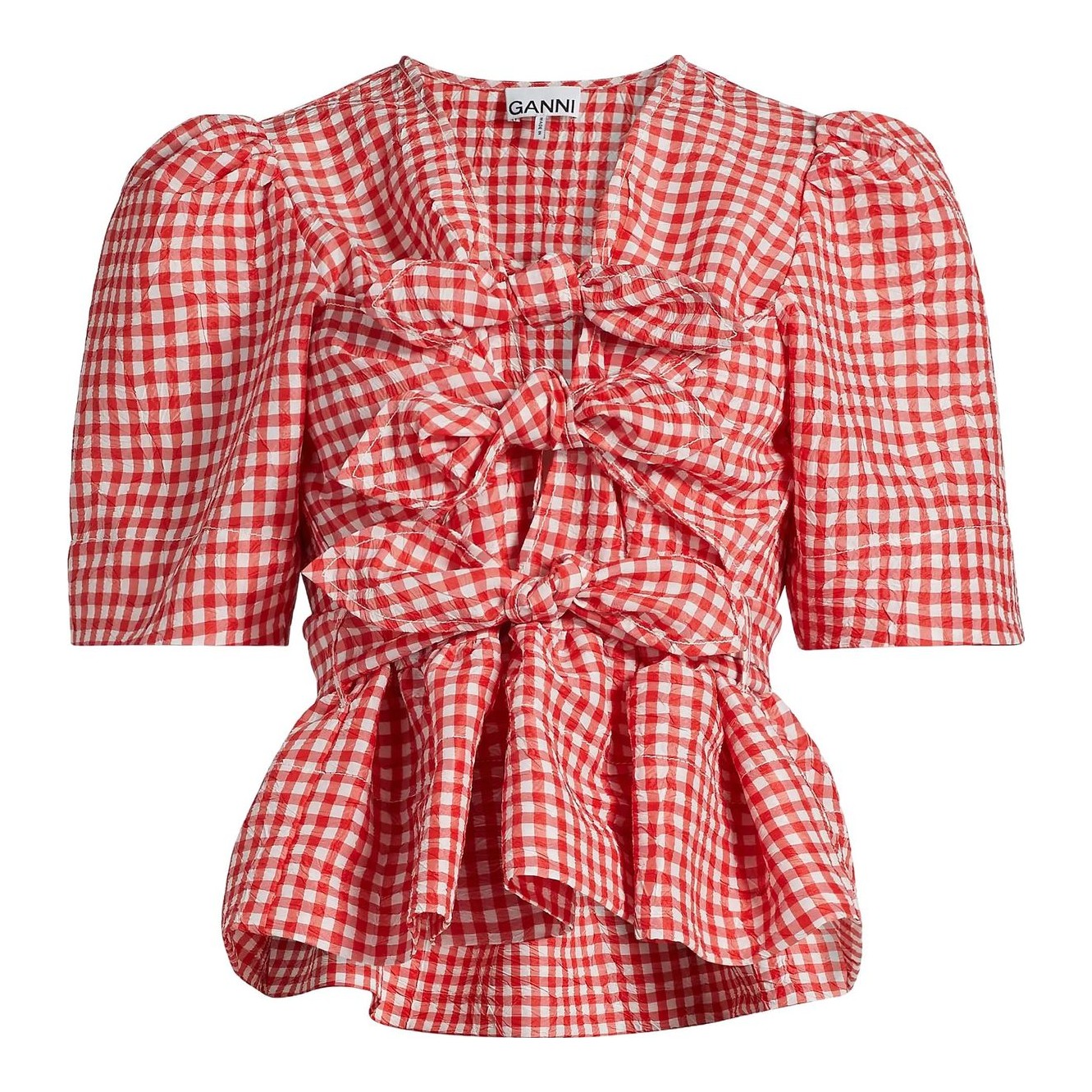 GANNI | Crinkled Taffeta Check Frill Top